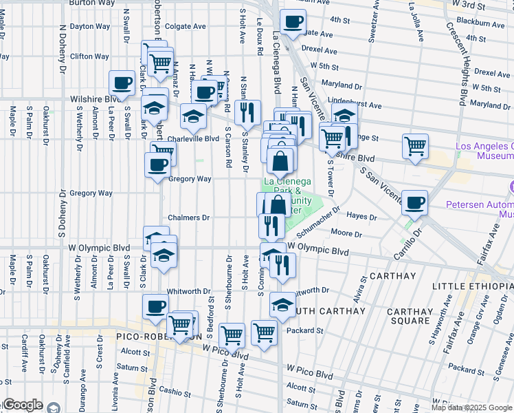 map of restaurants, bars, coffee shops, grocery stores, and more near 853 Le Doux Road in Los Angeles
