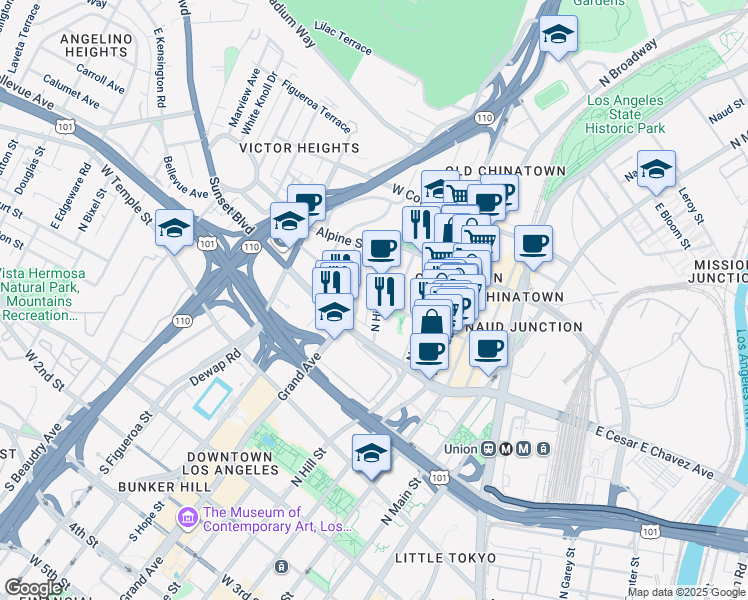 map of restaurants, bars, coffee shops, grocery stores, and more near 720 North Hill Place in Los Angeles