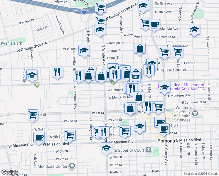map of restaurants, bars, coffee shops, grocery stores, and more near 567 West Center Street in Pomona