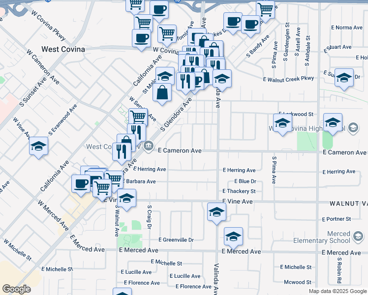 map of restaurants, bars, coffee shops, grocery stores, and more near 734 South Holly Place in West Covina