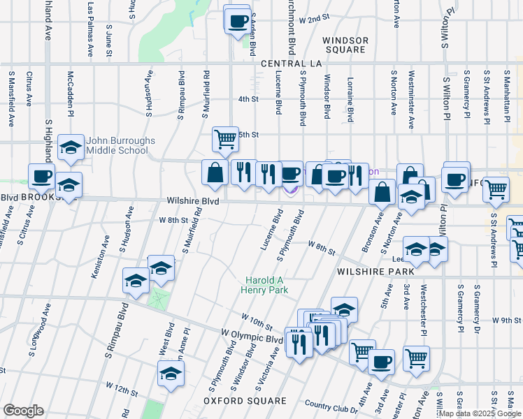 map of restaurants, bars, coffee shops, grocery stores, and more near 4444 Wilshire Boulevard in Los Angeles
