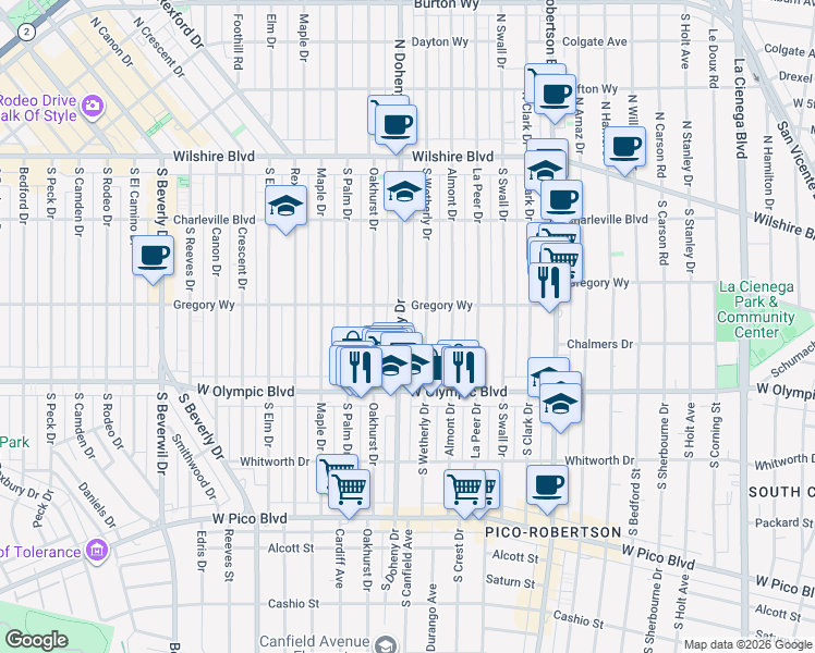 map of restaurants, bars, coffee shops, grocery stores, and more near 301 South Wetherly Drive in Beverly Hills