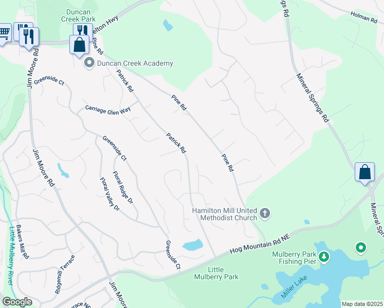 map of restaurants, bars, coffee shops, grocery stores, and more near 1762 Patrick Road in Dacula