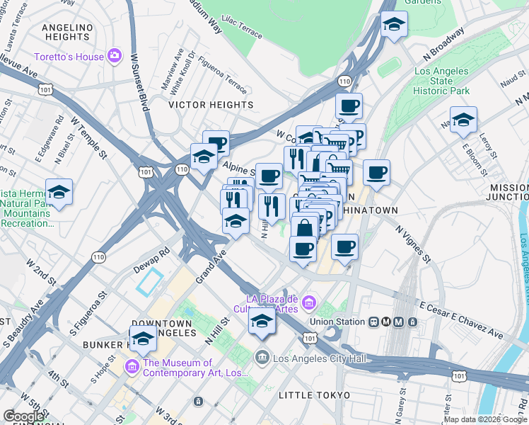 map of restaurants, bars, coffee shops, grocery stores, and more near 701 North Hill Place in Los Angeles