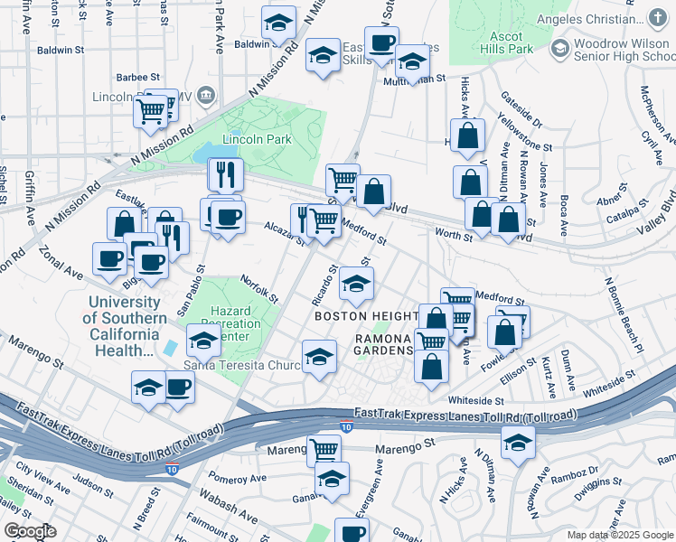 map of restaurants, bars, coffee shops, grocery stores, and more near 1582 Ricardo Street in Los Angeles