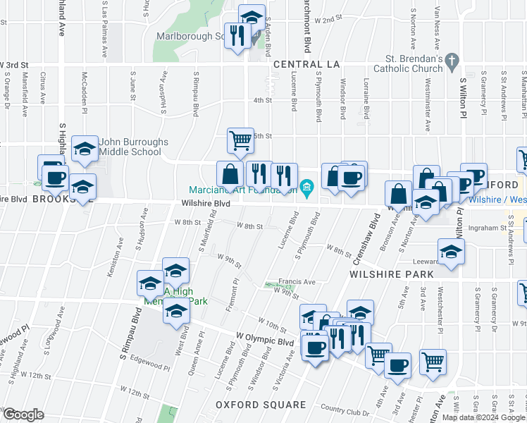 map of restaurants, bars, coffee shops, grocery stores, and more near 4460 Wilshire Boulevard in Los Angeles