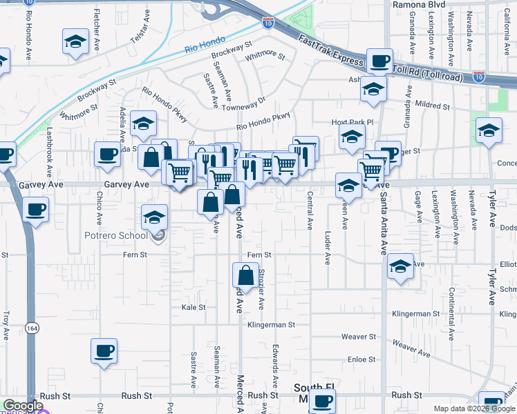 map of restaurants, bars, coffee shops, grocery stores, and more near 10026 Giovane Street in El Monte