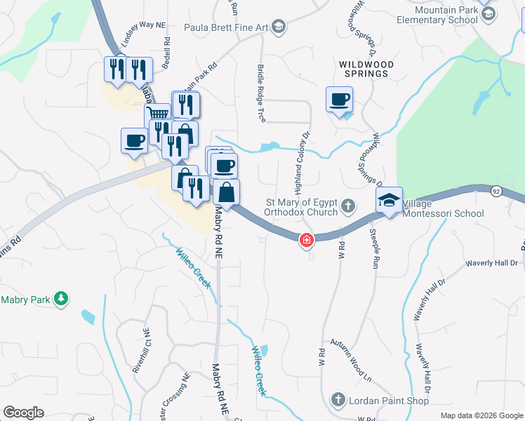 map of restaurants, bars, coffee shops, grocery stores, and more near 1905 Woodstock Road in Roswell