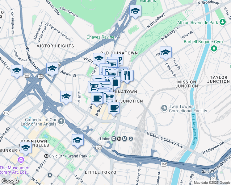 map of restaurants, bars, coffee shops, grocery stores, and more near 214 Alpine Street in Los Angeles