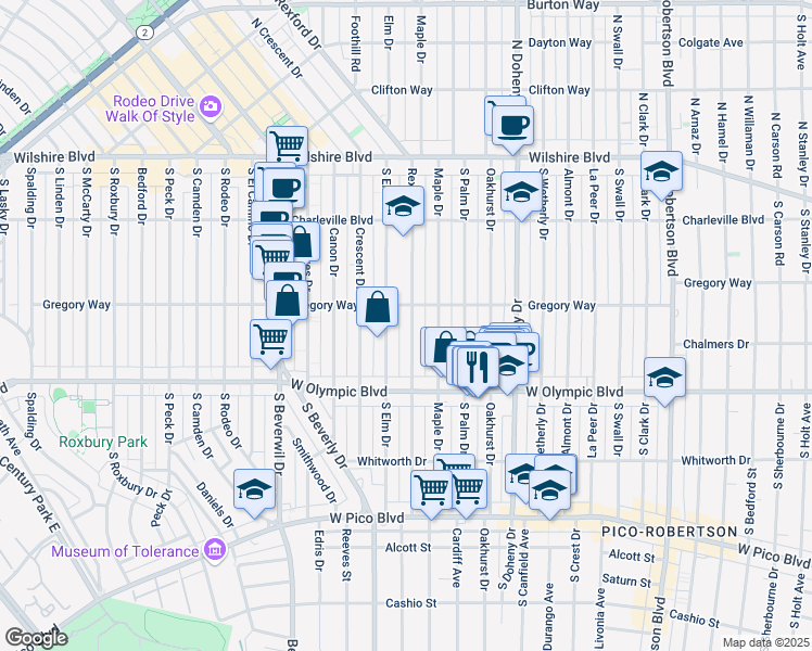 map of restaurants, bars, coffee shops, grocery stores, and more near 317 South Rexford Drive in Beverly Hills