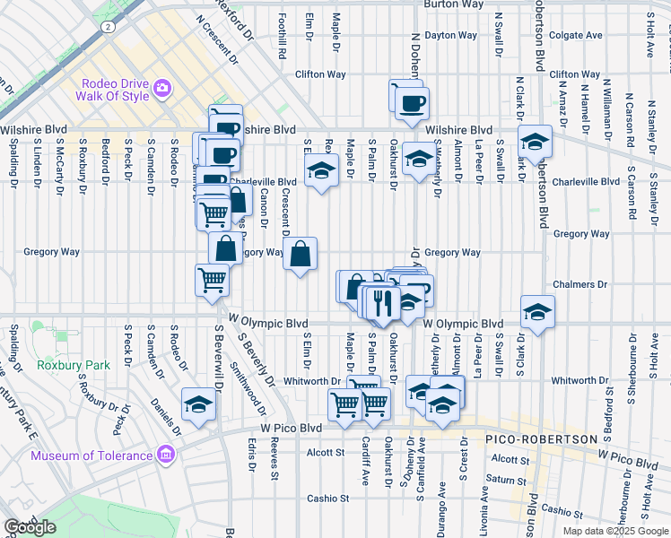 map of restaurants, bars, coffee shops, grocery stores, and more near 314 South Rexford Drive in Beverly Hills