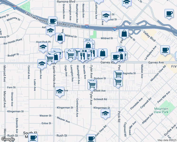 map of restaurants, bars, coffee shops, grocery stores, and more near 2817 Tyler Avenue in El Monte