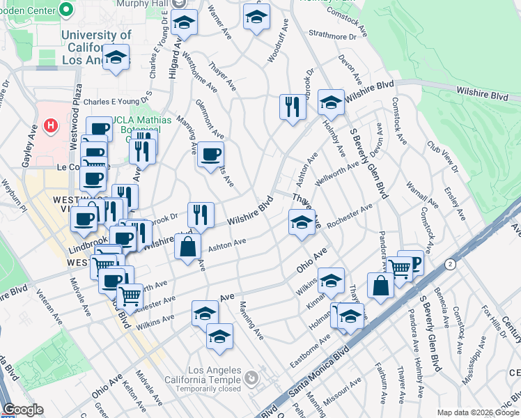 map of restaurants, bars, coffee shops, grocery stores, and more near Wilshire Blvd & Westholme Ave in Los Angeles