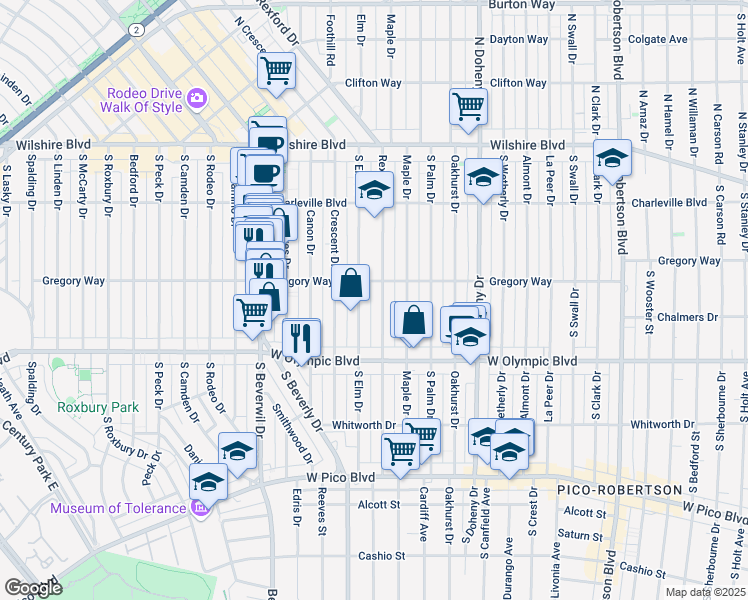 map of restaurants, bars, coffee shops, grocery stores, and more near 317 South Rexford Drive in Beverly Hills