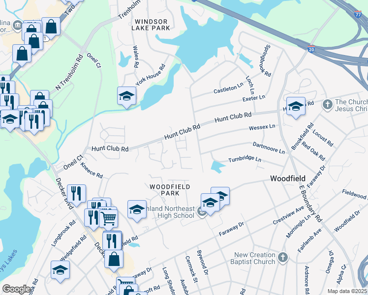 map of restaurants, bars, coffee shops, grocery stores, and more near 7602 Hunt Club Road in Columbia