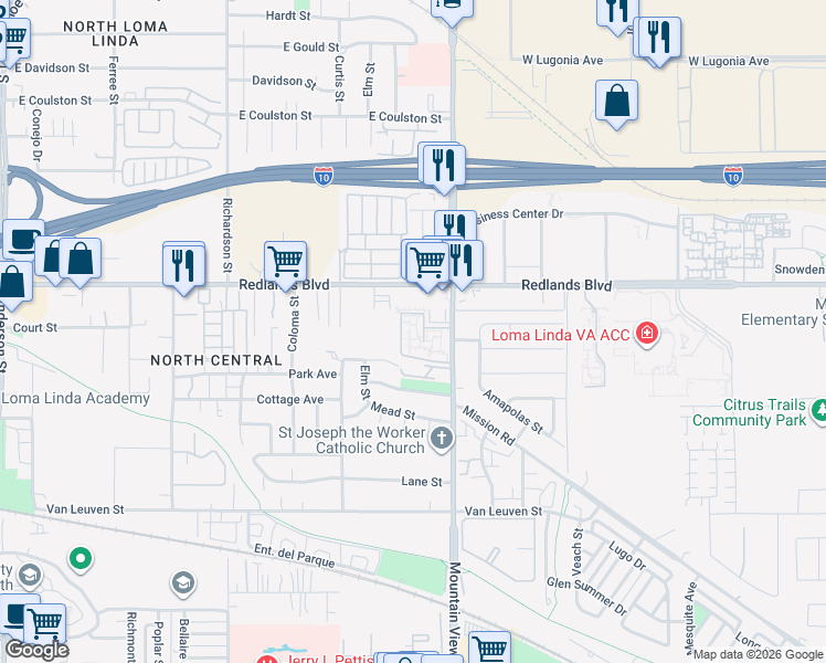 map of restaurants, bars, coffee shops, grocery stores, and more near 10558 Mountain View Avenue in Redlands