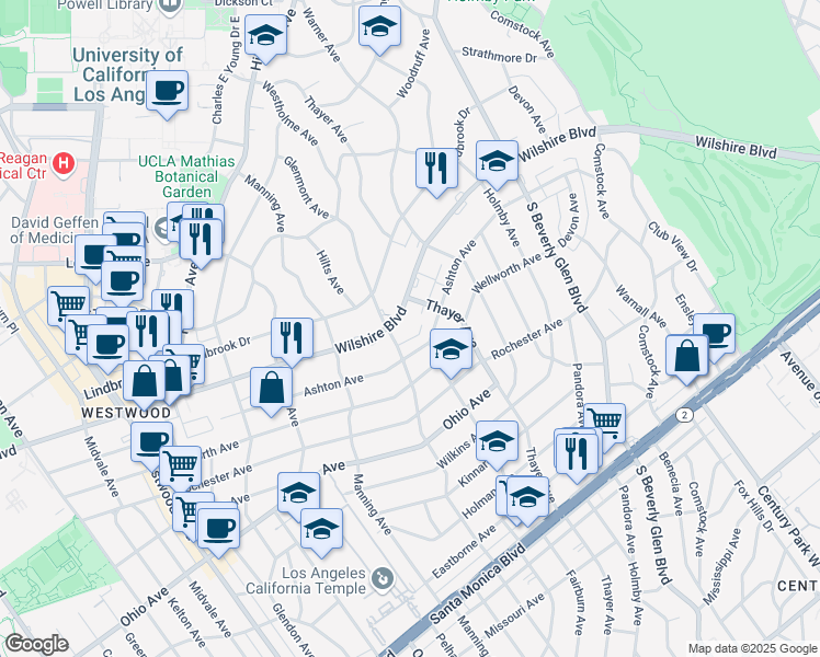 map of restaurants, bars, coffee shops, grocery stores, and more near 10580 Wilshire Boulevard in Los Angeles