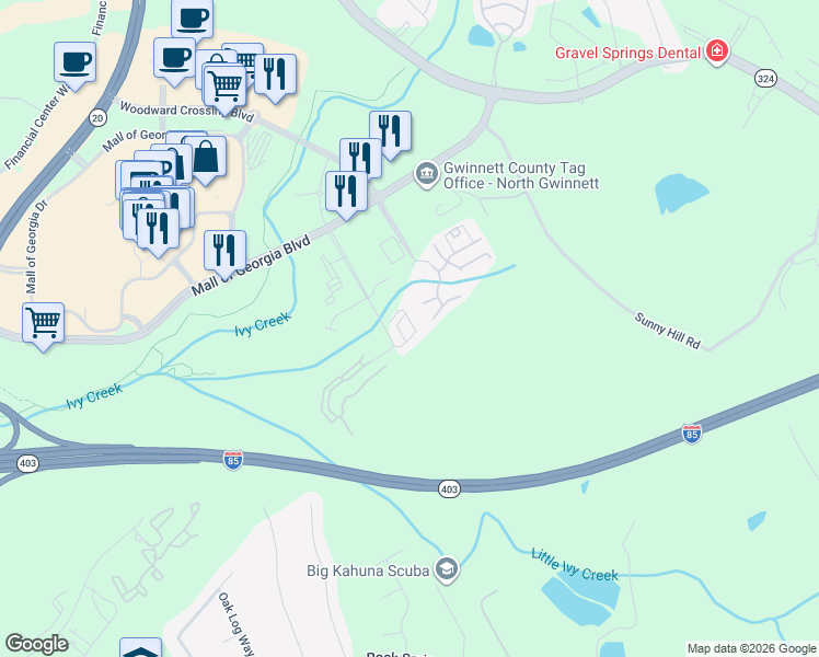 map of restaurants, bars, coffee shops, grocery stores, and more near 1944 Appaloosa Mill Circle Northeast in Buford