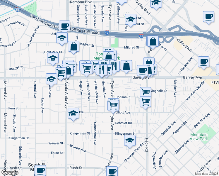 map of restaurants, bars, coffee shops, grocery stores, and more near 2817 Tyler Avenue in El Monte
