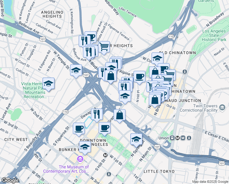 map of restaurants, bars, coffee shops, grocery stores, and more near 891 West Cesar Estrada Chavez Avenue in Los Angeles