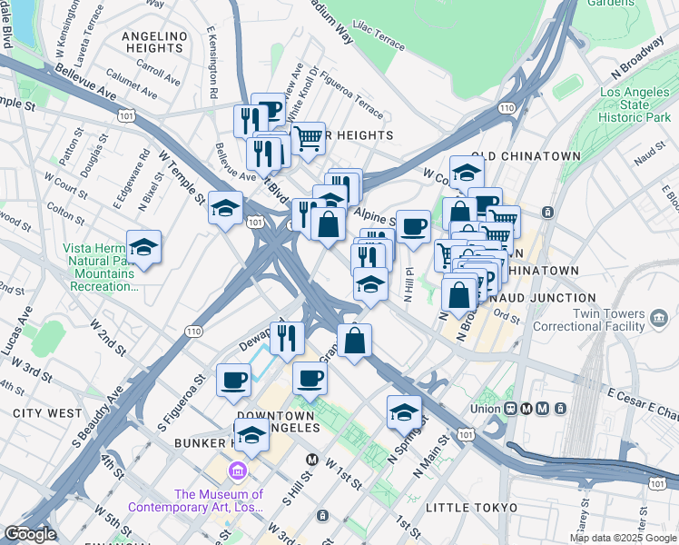 map of restaurants, bars, coffee shops, grocery stores, and more near 550 North Figueroa Street in Los Angeles