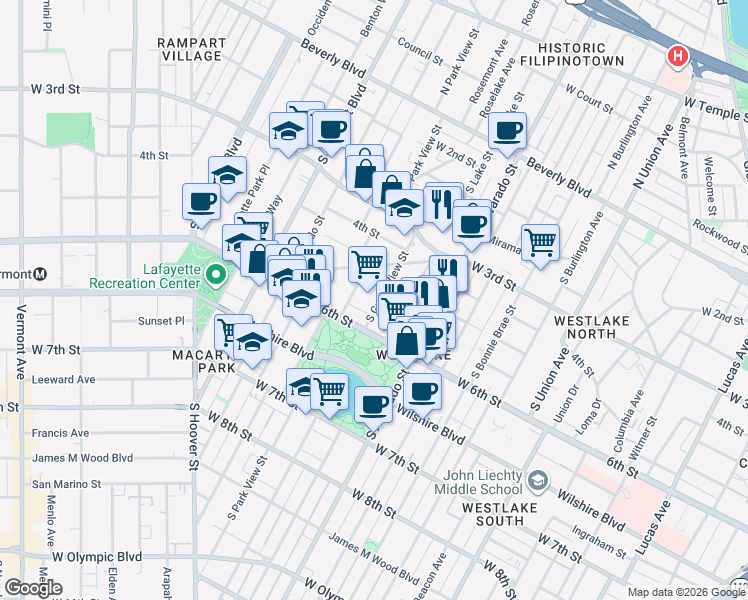 map of restaurants, bars, coffee shops, grocery stores, and more near 437 South Grand View Street in Los Angeles