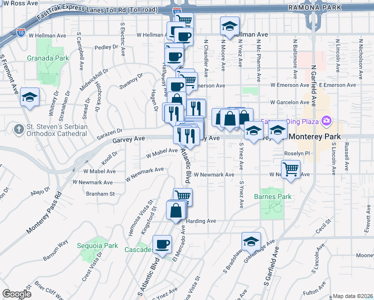 map of restaurants, bars, coffee shops, grocery stores, and more near 134 South Atlantic Boulevard in Monterey Park