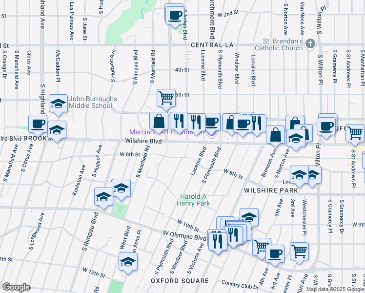 map of restaurants, bars, coffee shops, grocery stores, and more near 4460 Wilshire Boulevard in Los Angeles