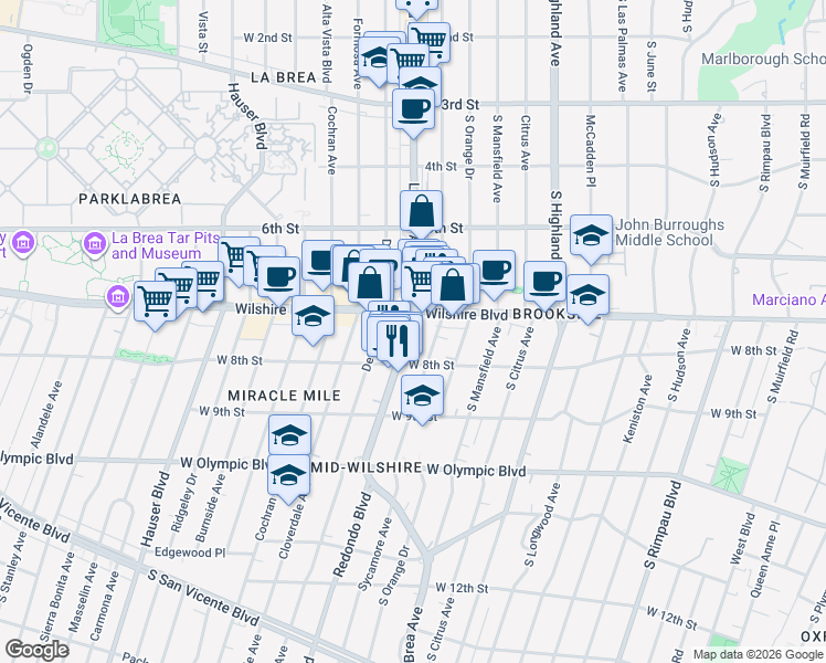 map of restaurants, bars, coffee shops, grocery stores, and more near 710 South La Brea Avenue in Los Angeles