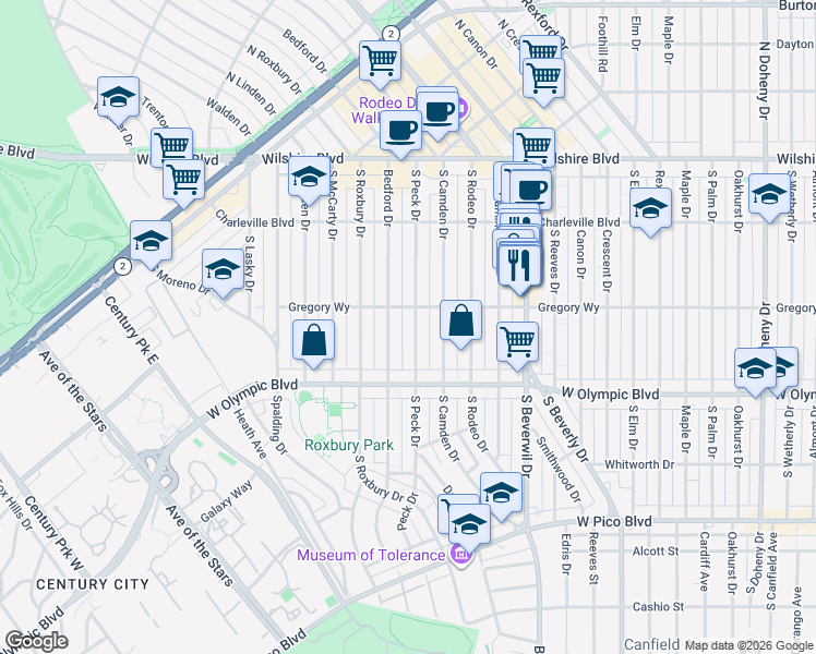 map of restaurants, bars, coffee shops, grocery stores, and more near 313 South Peck Drive in Beverly Hills