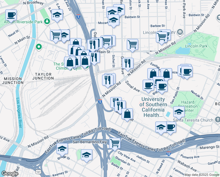 map of restaurants, bars, coffee shops, grocery stores, and more near 1143 North Mission Road in Los Angeles