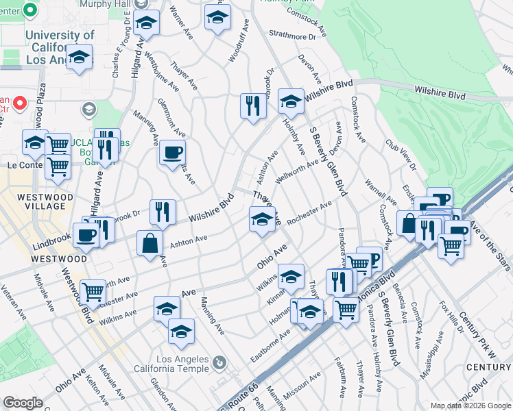 map of restaurants, bars, coffee shops, grocery stores, and more near 10487 Wellworth Avenue in Los Angeles