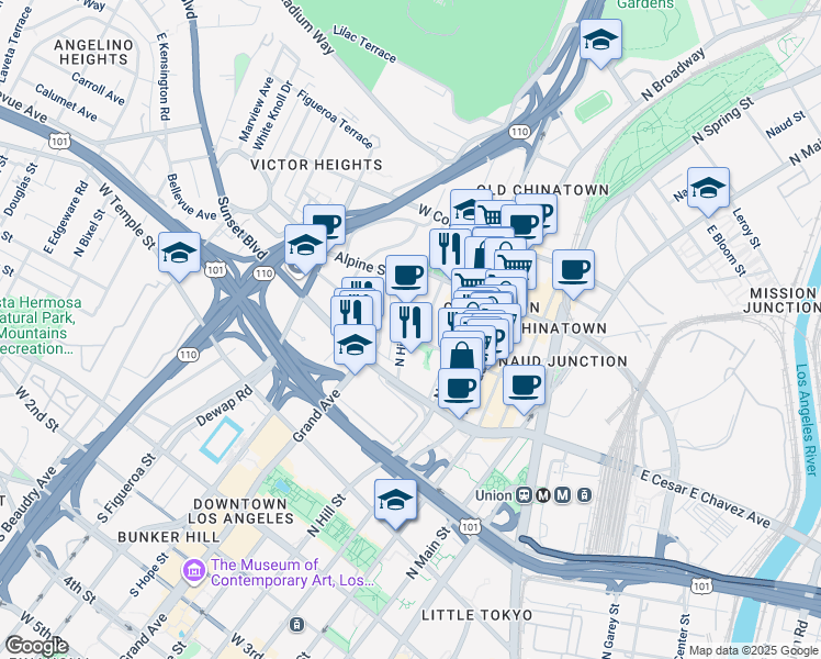 map of restaurants, bars, coffee shops, grocery stores, and more near 700 North Hill Place in Los Angeles