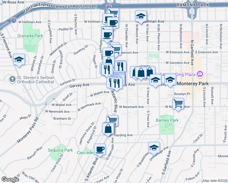 map of restaurants, bars, coffee shops, grocery stores, and more near 132 South Atlantic Boulevard in Monterey Park