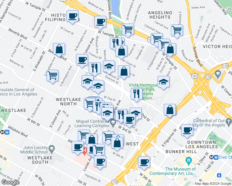 map of restaurants, bars, coffee shops, grocery stores, and more near 116 Witmer Street in Los Angeles