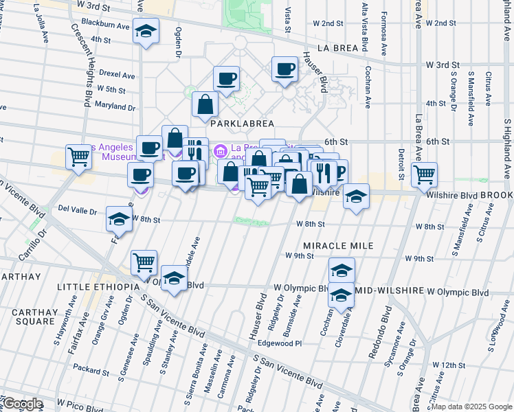 map of restaurants, bars, coffee shops, grocery stores, and more near 5750 Wilshire Boulevard in Los Angeles