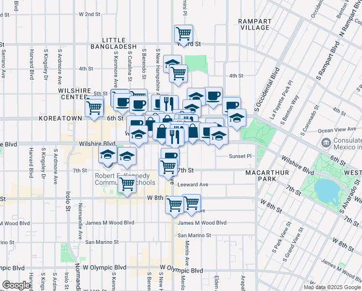 map of restaurants, bars, coffee shops, grocery stores, and more near 3150 Wilshire Boulevard in Los Angeles