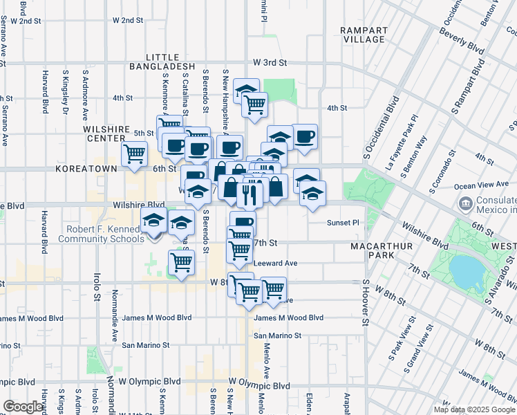 map of restaurants, bars, coffee shops, grocery stores, and more near 3150 Wilshire Boulevard in Los Angeles