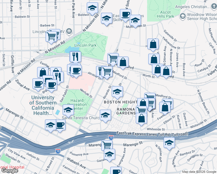 map of restaurants, bars, coffee shops, grocery stores, and more near 1571 Ricardo Street in Los Angeles