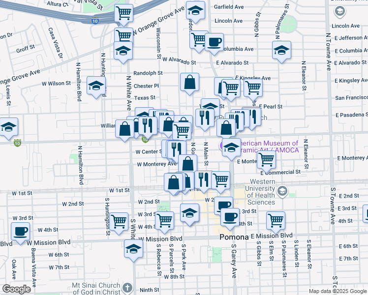 map of restaurants, bars, coffee shops, grocery stores, and more near in Pomona