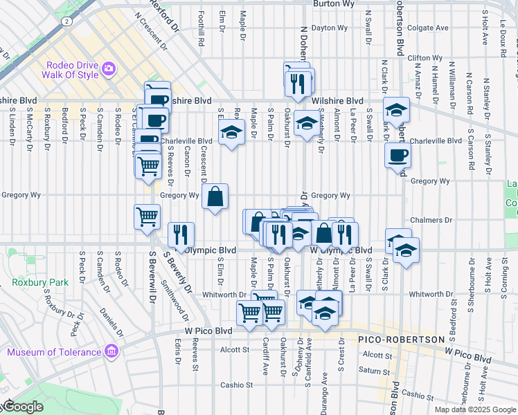 map of restaurants, bars, coffee shops, grocery stores, and more near 301 South Palm Drive in Beverly Hills