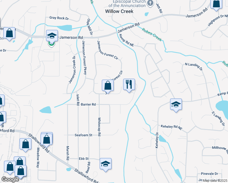 map of restaurants, bars, coffee shops, grocery stores, and more near 1543 Forest Bluff in Marietta