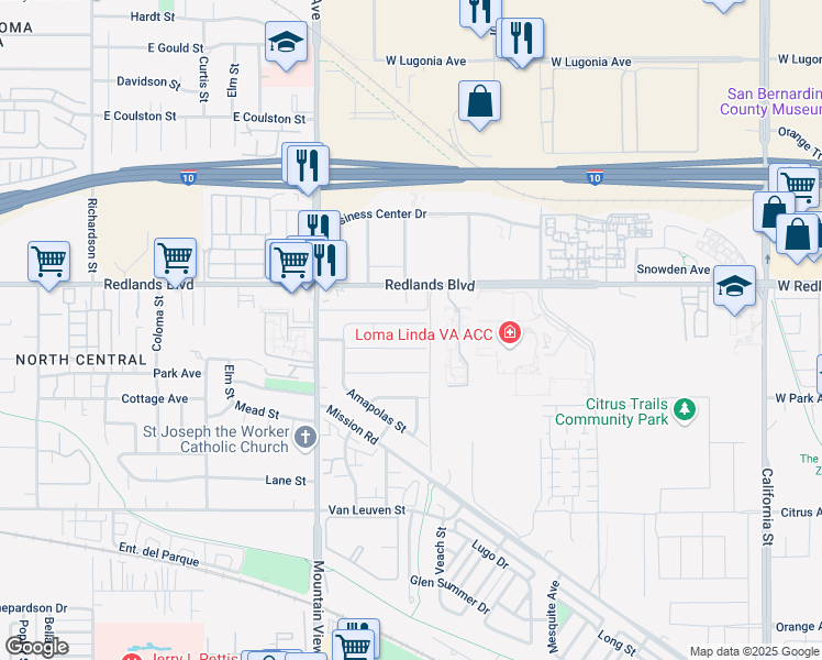 map of restaurants, bars, coffee shops, grocery stores, and more near 25870 Miramonte Street in Redlands