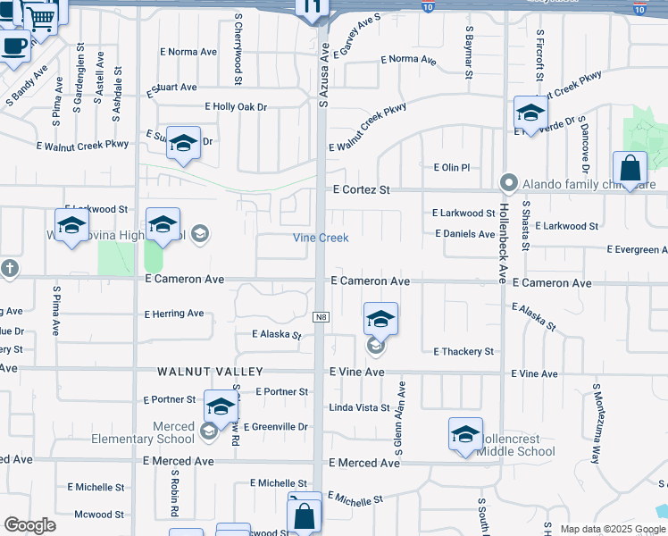 map of restaurants, bars, coffee shops, grocery stores, and more near 718s South Azusa Avenue in West Covina