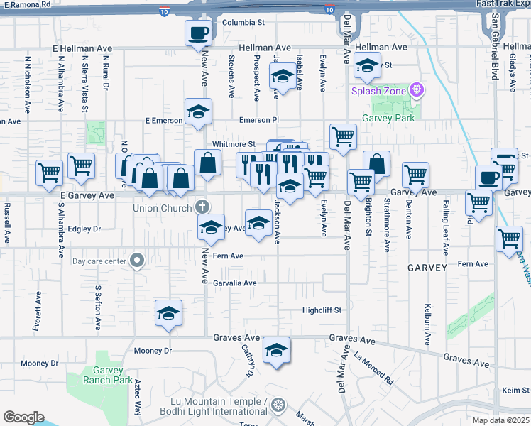 map of restaurants, bars, coffee shops, grocery stores, and more near 2739 Jackson Avenue in Rosemead