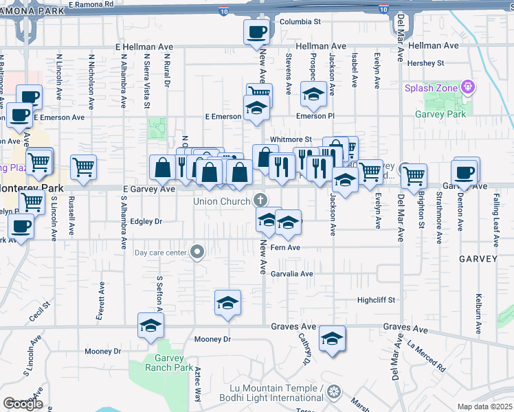 map of restaurants, bars, coffee shops, grocery stores, and more near 101 New Avenue in Monterey Park