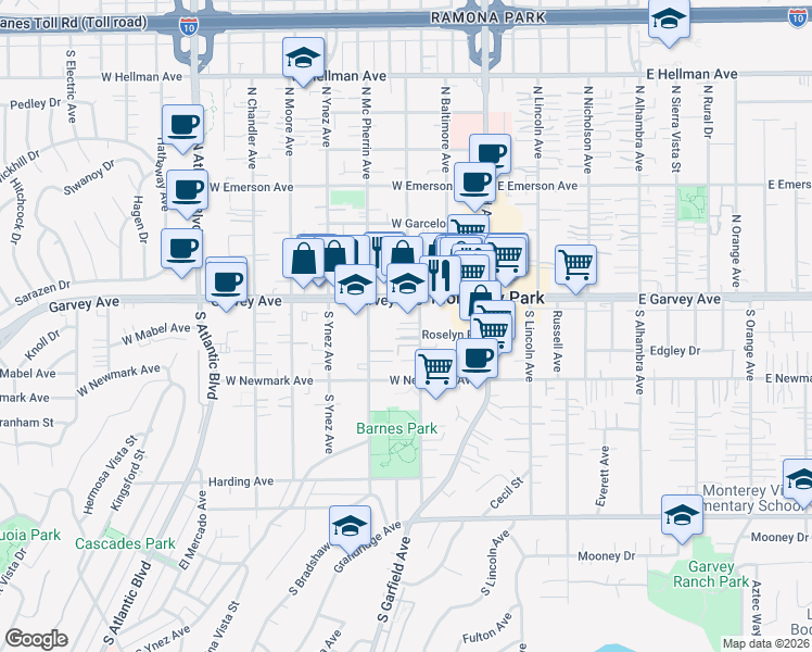 map of restaurants, bars, coffee shops, grocery stores, and more near 344 West Garvey Avenue in Monterey Park
