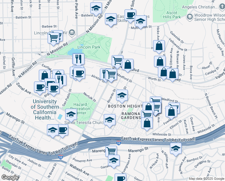 map of restaurants, bars, coffee shops, grocery stores, and more near 1611 Ricardo Street in Los Angeles