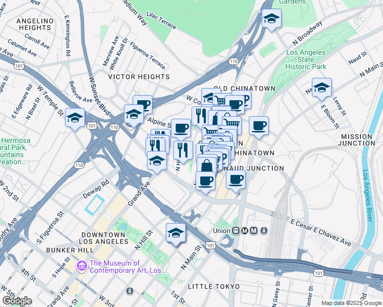 map of restaurants, bars, coffee shops, grocery stores, and more near 720 North Hill Place in Los Angeles