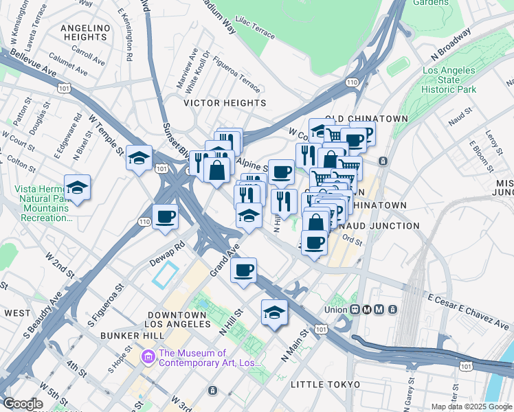 map of restaurants, bars, coffee shops, grocery stores, and more near 659 North Grand Avenue in Los Angeles